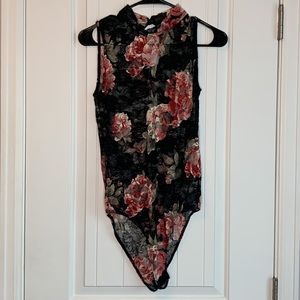 Lace Black and Pink Floral Bodysuit Size M